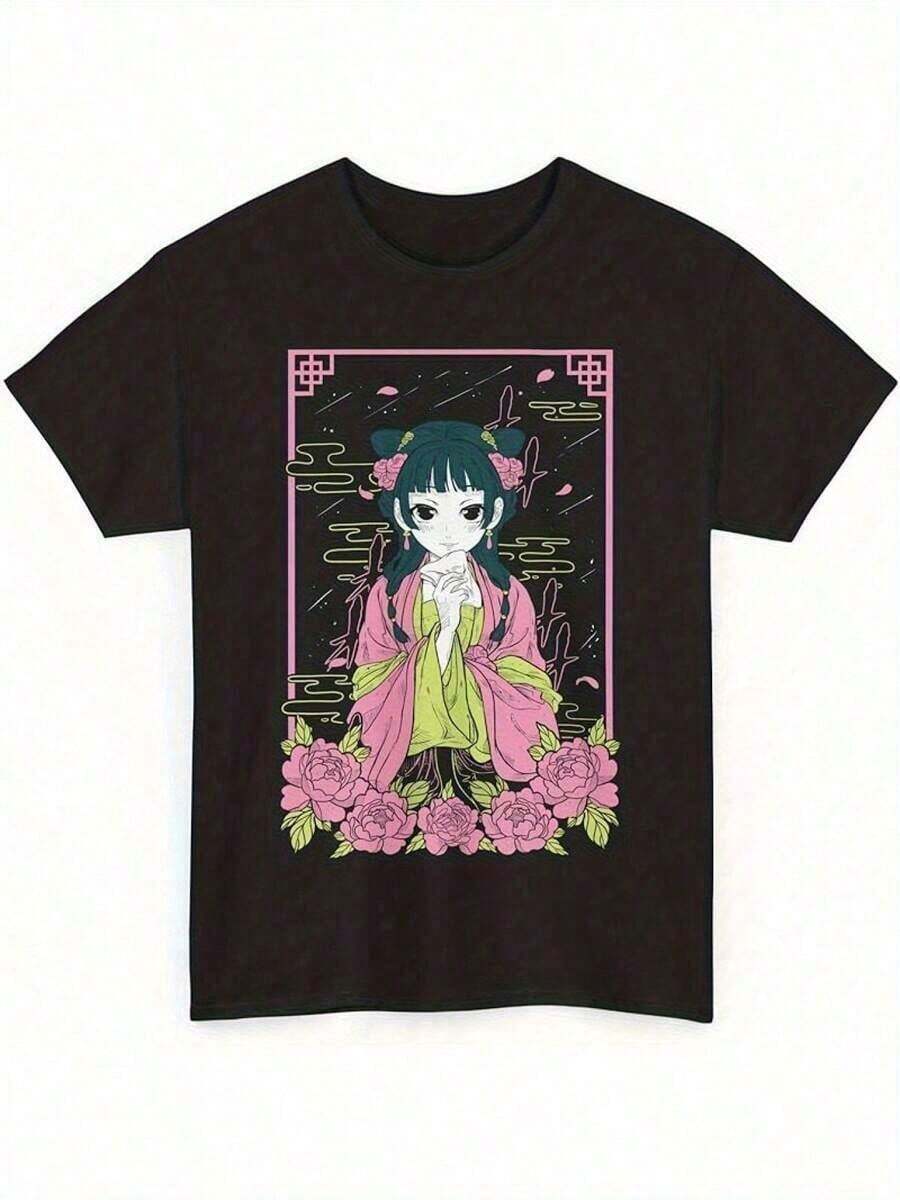 1pc Camiseta de Anime Girl Waifu - Diseño Tierno y Tímido de Maomao, 100% Algodón Cuello Redondo Manga Corta, Negra con Arte Floral de Anime Rosa y Verde, 180gsm - Ropa Casual para Primavera Verano Otoño, Ropa para Fanáticos de Anime Adultos, Ropa de Anime, Camiseta de Primavera Verano, Diseño Floral de Anime, Camiseta Lavable a Máquina, Tela Transpirable, Atuendo Diario, Estilo Kawaii, Material Duradero, Camiseta Gráfica, Amantes de la Cultura Pop - Blanco - Ver 1