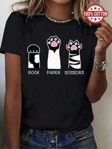 Camiseta Mujer002|   Enviado desde México|   Tejido transpirable de alta calidad|   Camiseta de mujer de manga corta en blanco y negro con estampado de patas de gato, piedra, papel y tijera| Lavable a mano y en máquina| Nuevo top de cuello redondo| Cómodo y adecuado para uso general.| - Blanco - Ver 10