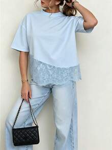 Spring New Solid Color Knit Fabric Lace Patchwork Short Sleeve T-Shirt, Casual, Sports, Office Wear For Spring/Summer - Clear Blue - View 5