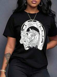 Camiseta de mujer con estampado de caballo de dibujos animados y cuello redondo, camisetas gráficas de mujer 4B0H - Negro - Ver 1