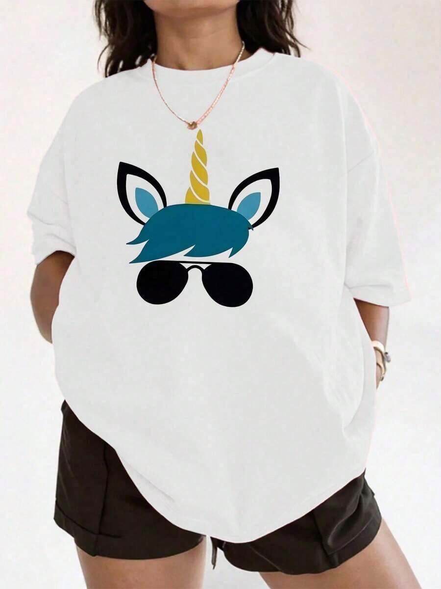 Women's T-Shirt, New Summer 2026 Collection, Casual, Unisex, Short Sleeve. Modern Unicorn With Glasses Symbolizing Freedom, Fantasy, And Self-Confidence With A Fun And Youthful Tone. Women's T-Shirts Are 100% Cotton, Soft, Comfortable, Ideal For Everyday Wear And Expressing Unique Personality. Comfortable Fabric, Loose Fit, Soft And Breathable. - White - View 1