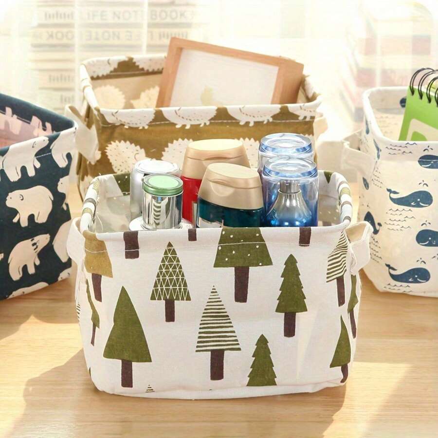 1pc Handle Printed Storage Basket, Waterproof Desktop Organizer Box, Fabric Closet Storage Bin, Suitable For Home Decor, Bedroom, Dorm And Office, Cute Desktop Sundries Storage Bucket - Green - View 1