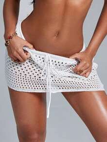 Swim Lushoire Falda pareo con dobladillo ondulado para la playa, con patrón geométrico perforado y floral - Blanco - Ver 4