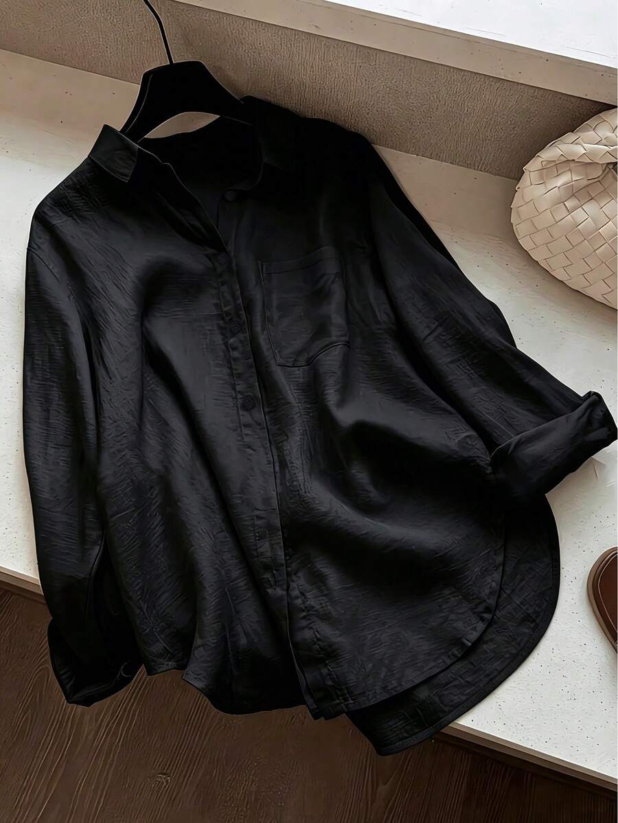 Women's Casual Solid Color Front Button Curved Hem Shirt Black Spring - Black - View 1