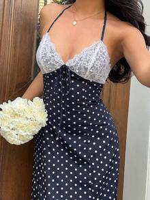 Vestido largo con estampado de lunares negros, encaje y parches, escote en V, cuello halter, espalda descubierta, cintura con lazo, para mujer, primavera/verano, elegante para vacaciones/citas/invitada de boda, uso diario minimalista - Azul marino - Ver 3