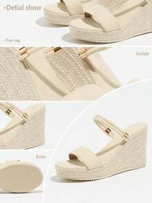 Women's Wedge Thick Bottom Sandals, Woven Straw Rope, Minimalist Strap Two-Way Wear Round Toe High Heel Slides,Summer Sandals - Apricot - View 6
