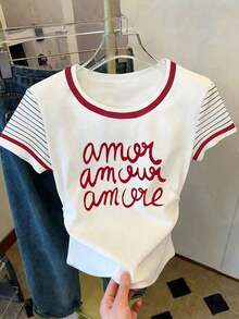 Camiseta de mujer de manga corta de cuello redondo y unicolor, minimalista y de moda para el verano - Multicolor 3 - Ver 8