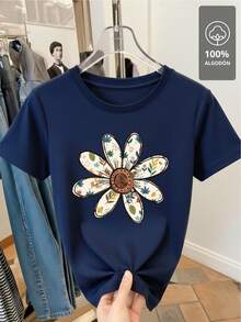 100% Cotton T-Shirt With Multicolor Floral Mandala - Navy Blue - View 4
