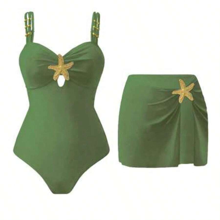 Swim Oasis 2pc Women's Cute Pentagram Decor Casual Vacation One-Piece Swimsuit Women's Swimwear Women's Swimsuits Tummy Control Women's Swimsuit 2 Pieces Pool Party Outfit For Women Swimsuit With Skirt - Verde - Ver 1
