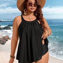 Swim Lushore Plus Size Women 2pcs Solid Color Mesh Patchwork Tummy Slimming Casual Vacation Tankini Swimwear For Summer Beach Vacation - Multicolor - Ver 4