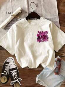 Spring/Summer Fashion [Double-Sided Print] Women's Pure Cotton T-Shirt, Graffiti Style, Ink Splatter Letters, Pink Love Splatter, Valentine's Day Gift, Plus Sizes Available, Cute Top, Retro Y2K Style, Loose Fit. Soft And Gentle On The Skin. - 杏色 - 查看 3