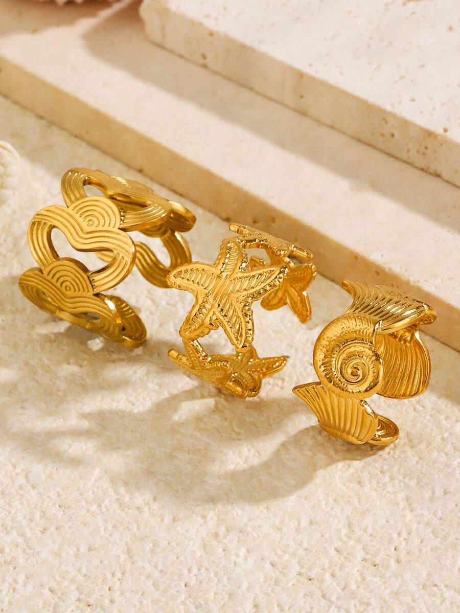 3件套不锈钢18K镀金夏季海滩度假休闲几何金色海星贝壳波浪可调节防水开口戒指套装，适合女性日常、度假、假日、约会、派对佩戴，休闲珠宝礼品 - 彩色 - 查看 1
