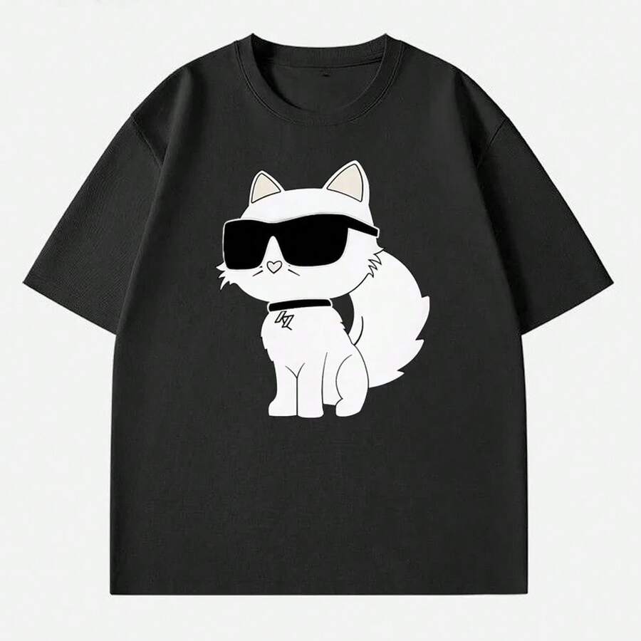 Camiseta Unisex para Parejas con Estampado de Gato, Cuello Redondo, Manga Corta, Diseño Casual, Ideal para Verano - Negro - Ver 1