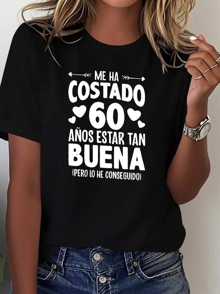 Funny Fashion T-Shirt For Women, 60th Birthday Gift In Spanish, Short Sleeve - 黑色 - 查看 2