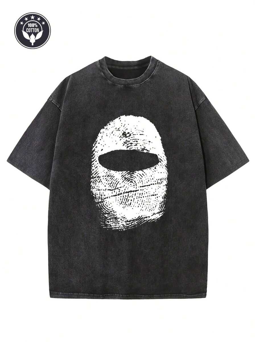 Camiseta con estampado creativo de huellas dactilares tipo balaclava, de algodón puro de alto gramaje, de corte holgado y hombros caídos, camiseta lavada, camiseta vintage de estilo urbano para hombre, camiseta básica, corte holgado, estilo hip-hop, unisex, camiseta con efecto lavado ácido. - Negro - Ver 1