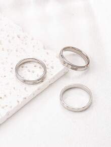 3pcs Set Stainless Steel Silver Plain Band Rings, Minimalist Style With Carved Diamond-Cut Faceted Design, Unisex Rings For Daily Wear And Commute, Couples - Silver - View 4