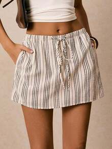 Pantalones Culotte Casuales Holgados para Mujer con Cordón Ajustable en la Cintura y Bolsillos a Rayas - Rosa - Ver 7