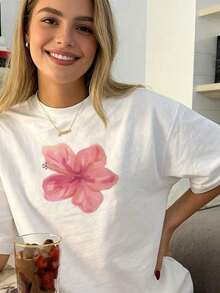Women's 100% Cotton, Soft Pink, Hawaiian-Style Short-Sleeved T-Shirt With A Round Neck And Retro Floral Print. Lightweight And Breathable, Ideal For The Beach, Office, Everyday Wear, And All Seasons. - 白色 - 查看 3