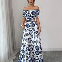 Casual Floral Print Off-Shoulder Crop Top Dress, Summer - Blanco y Negro - Ver 4