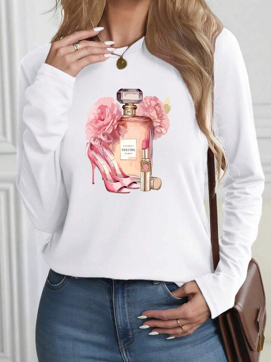 Camiseta de mujer para primavera y verano, estilo regular, de manga larga, con diseño de frasco de perfume, tacones altos y estampado floral, estilo urbano de moda. |   Diseño Juvenil |   Ajuste cómodo - Blanco - Ver 1