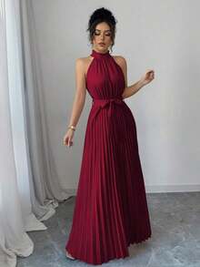 Vestido elegante de corte evasé para mujeres con cuello de volantes y cintura ceñida para el Día de San Valentín, romántico - Burdeos - Ver 3