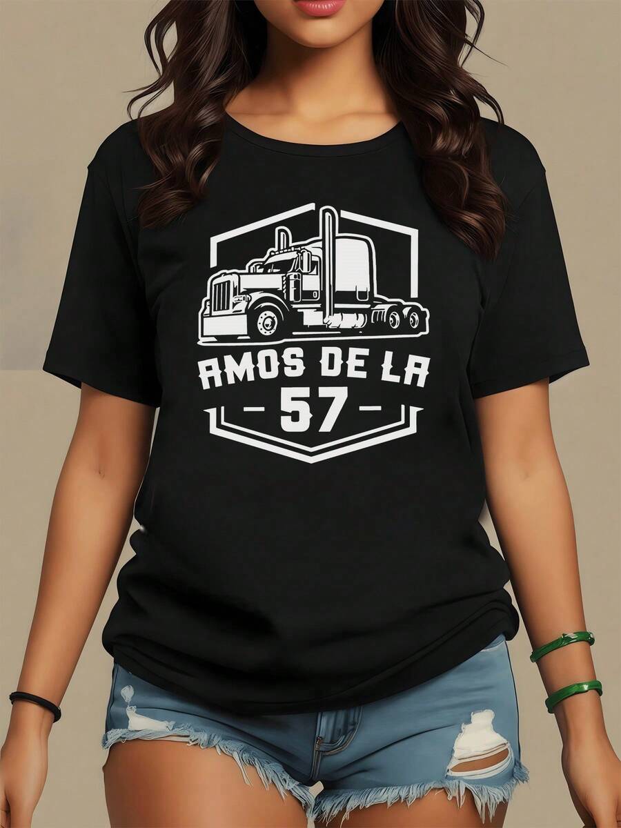 Camión poderoso que simboliza la fuerza del viaje y el espíritu libre de la carretera con número 57 evocando orgullo y determinación en cada ruta camiseta de mujer casual moderna para uso diario - Negro - Ver 1