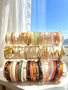 15/10/8/5/3pcs Bohemian Style Fashion Minimalist Elegant Exquisite Vintage Design Colorful Resin Gradient Geometric Ribbon Flower Water Drop Round Bead Heart Starburst Round Bead Embossed Texture Twisted Cuban Chain Multi- Patchwork Design Minimalist Plain Band Exaggerated Wide Chunky Bangle Set For Holiday Vacation Party Date Gift Daily Commute Wear - Multicolor - View 4