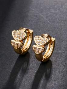 1 Đôi bông tai thời trang đính đá Cubic Zirconia lấp lánh dành cho nữ; Thiết kế hình trái tim, bông tai mạ vàng đồng; Bông tai mạ bạc, lý tưởng để đeo hàng ngày và làm quà tặng ngày Valentine. - Bông tai hình trái tim - Xem 2