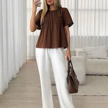 Camisa de manga corta de unicolor casual y para ir al trabajo, verano - Marrón Mocha - Ver 5