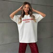 Camiseta de manga corta con cuello redondo de algodón puro y estampado de letras, de diseño minimalista único para mujer, moderna y versátil. - Blanco - Ver 4