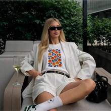 Camiseta de manga corta de algodón puro con estampado naranja, estilo americano, única, moderna, versátil y casual para uso diario. - Blanco - Ver 5