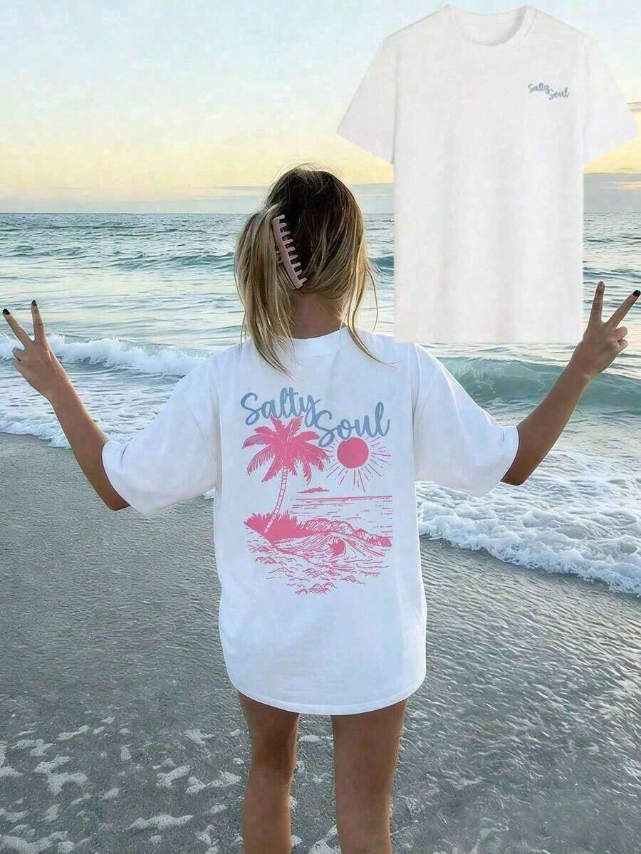 1 pieza Camiseta de Verano 2026 SALTY SOUL para Mujer, Nueva Colección Primavera/Verano, Estampado de Cocotero y Sol, Camiseta Casual de Manga Corta con Cuello Redondo, Versátil y a la Moda, Prenda Esencial para Uso Diario y Vacaciones. Camiseta Estampada Vacacional para Mujer, Holgada y Cómoda, Tops de Verano, 180g Algodón 100% - Blanco - Ver 1