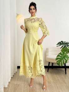 Vestido largo de manga larga con parches de bordado de ojal amarillo para mujeres - Amarillo - Ver 7