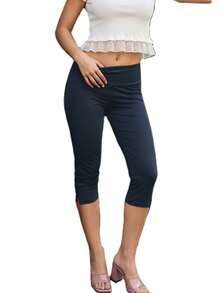 Women's Side Slit Fold Over Capri Leggings Y2K Low Rise Flared Pants Stretch Lounge Yoga Athletic Cropped Pants Bell Bottoms - 深色水洗藍 - 查看 6