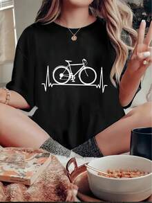 OversizeCamiseta deportiva casual para mujer, estampada con un diseño creativo y divertido de bicicleta con electrocardiograma, cuello redondo, mangas cortas, cómoda para el verano, ideal para vacaciones, linda. - Negro - Ver 6
