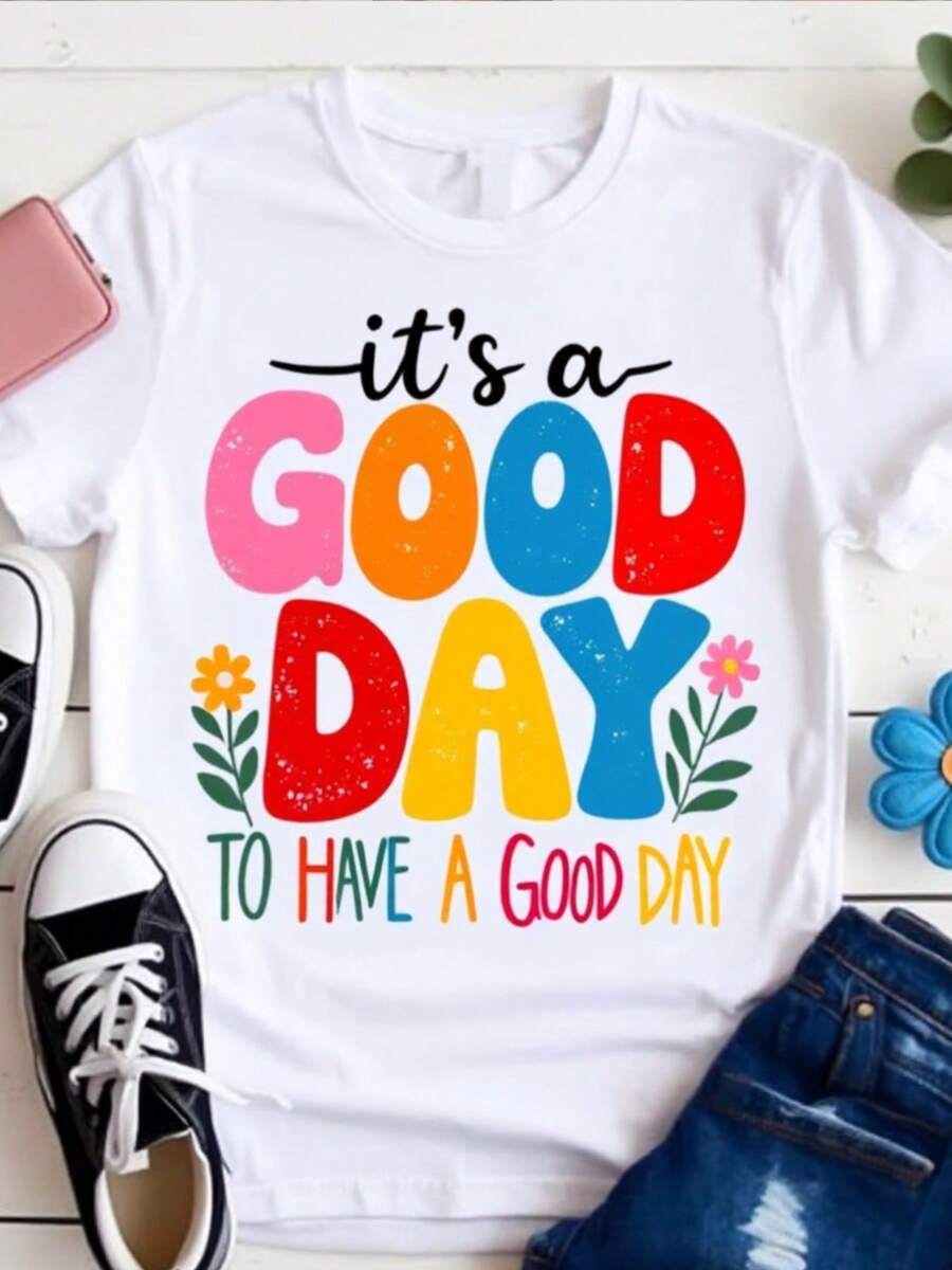 Un día maravilloso para disfrutar - diseño gráfico vibrante, camiseta de manga corta con cuello blanco de la tulación de verano de las mujeres, top casual eado, suave y ligero, i para uso diario o como regalo para ocasiones como Halloween / Navidad