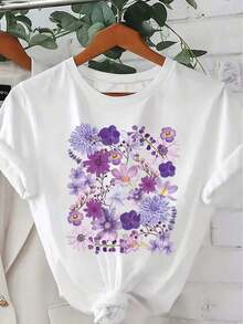 1 pieza de camiseta de manga corta con estampado floral para mujer, cuello redondo, ropa casual de primavera y verano, 180g, 100% algodón. - Blanco - Ver 12