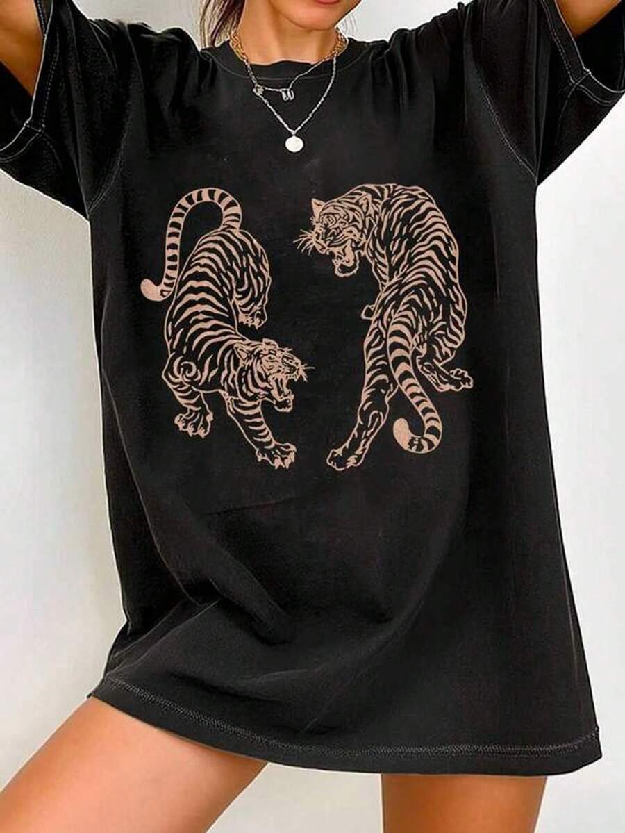 Camiseta con estampado de tigre vintage, camiseta casual de cuello redondo de manga corta con uste hoado para mujer, camiseta gráfica con diseño de tigre para mujeres