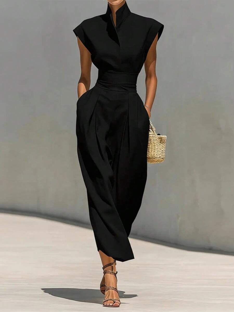 Vestido primavera mujer cuello alto liso con mangas voladoras elegante estilo europeo de moda - Negro - Ver 1