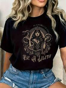 Casual T-shirtCamiseta de manga corta para mujer con estampado de la diosa Lilith, top casual de cuello redondo, tejido suave y transpirable, apta para todas las estaciones, ideal para regalar, disfraces de Halloween y Navidad100% CottonDurable - Negro - Ver 7