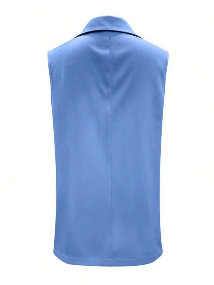 Blazer sin mangas de estilo elegante de color verde oliva para mujer, chaleco casual con solapa y botón en tela tejida lisa, corte regular - Celeste 2 - Añade 3