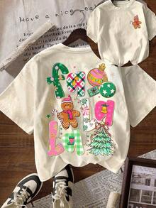 Camiseta de Mujer con Estampado Gráfico, Algodón Ligero, Camiseta de Verano con Estampado de Hombre de Jengibre FA LA LA, Linda Camiseta Navideña para Mujer, Cuello Redondo Casual de Manga Corta, Camiseta Estampada de Mujer de Talla Grande para Otoño/Invierno, 100% Algodón Puro - Albaricoque - Ver 4