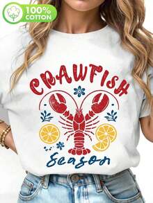 1 pieza de camiseta para mujer con estampado de limón y langosta, 100% algodón, estilo casual, holgada, versátil, de cuello redondo y manga corta, a la moda para uso diario, 180g 100% algodón. - Blanco - Ver 1