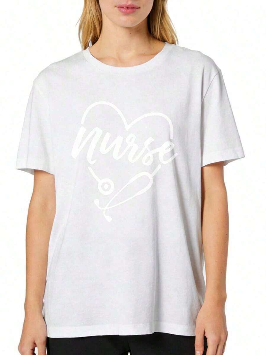 1 T-Shirt With Graphic Print Of A Nurse And Heart, Round Neck, Short Sleeve, Fashionable Casual T-Shirt, Comfortable Fit, Machine Washable, For Spring And Summer, Women's Clothing, 180g 100% Cotton, Designs Are Printed. Unisex. - 白色 - 查看 1