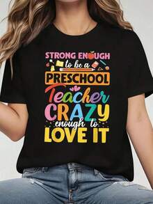 Camiseta de Mujer - Estilo Deportivo Casual de Verano a la Moda - Camiseta con la Frase "Lo Suficientemente Fuerte para Ser Maestra de Preescolar, Lo Suficientemente Loco para Amarlo" - Camiseta Divertida para Maestras de Preescolar, Suave y Transpirable, de Manga Corta y Cuello Redondo, Ideal para Regalo de Agradecimiento a Maestras, Cumpleaños, Regalo de Regreso al Cole, Camisetas para Salir para Mujer - Negro - Ver 1