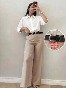 Pantalones casuales de pierna acampanada con diseño minimalista para mujer, adecuados para ir al trabajo, la oficina, uso diario, todo el año, color rosa primaveral - Caqui - Ver 4