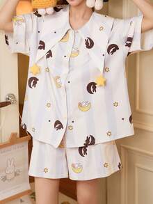 Gongdie 2pcs/Set Miffy Women's Pajama Set, Summer Short Sleeve Soft Modal Cotton Loungewear, Striped Moon & Star Print - Beige - View 8