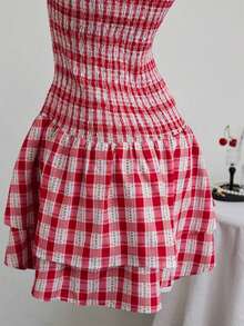 Vestido azul marino con cintura ceñida, plisado, sin tirantes, sexy, calado, con bordado y dobladillo fruncido, estilo vacaciones - Rojo - Ver 7