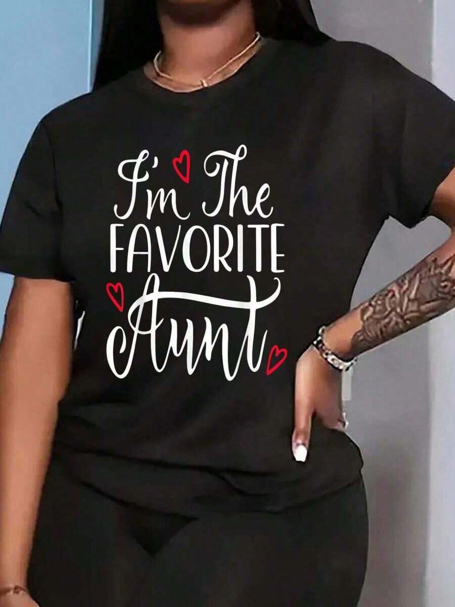 Camisetas de manga corta para mujer 100% algodón, con estampado divertido "Soy la tía favorita", camiseta gráfica de streetwear para mujer y hombre, cuello redondo, color negro, ideal para vacaciones. - Negro - Ver 1