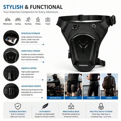 Single Carbon Fiber Textured Hardshell Leg Bag Features A High-Strength Scratch-Resistant Hard Shell And Wear-Resistant Oxford Fabric Splicing, Adapting To Complex Road Conditions And Sudden Weather; Equipped With Dual Waist And Leg Strap Fixing Design For Stable And Shake-Free Wearing, It Frees Your Hands And Offers Multi-Compartment Partition Storage, Perfectly Suitable For Motorcycle Riding, Outdoor Hiking And Short Trips.